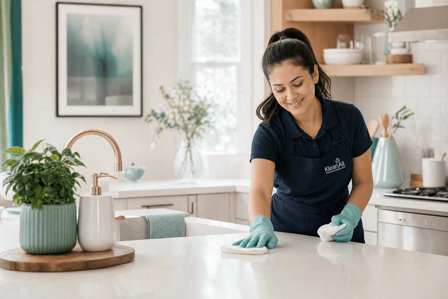 Professionnel du nettoyage essuyant un comptoir de cuisine dans une maison moderne et lumineuse