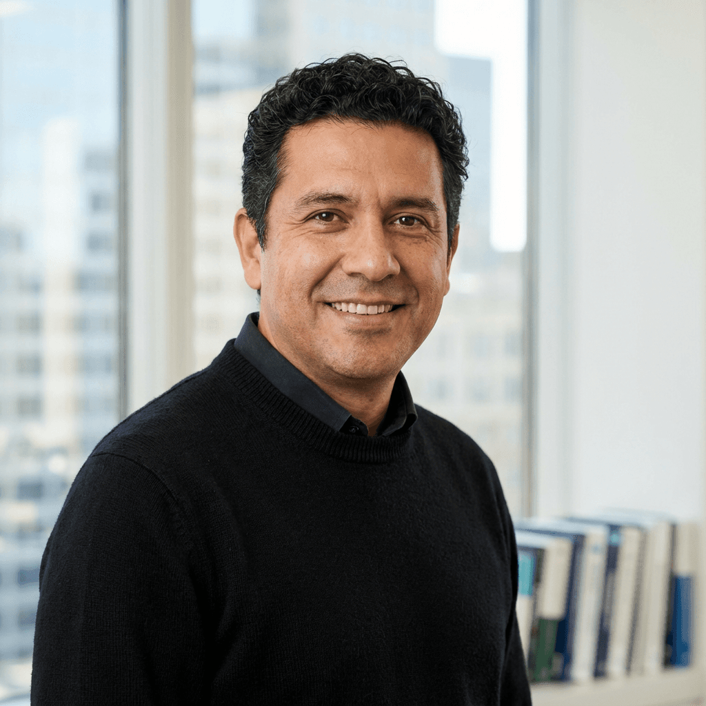 Homme d'affaires souriant devant un commerce