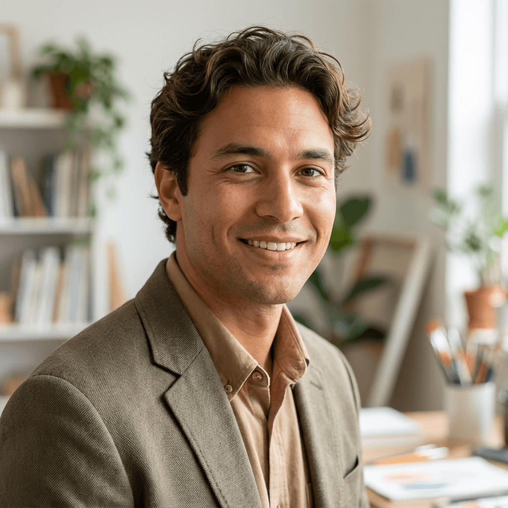 Mathieu G. souriant dans sa salle de bain