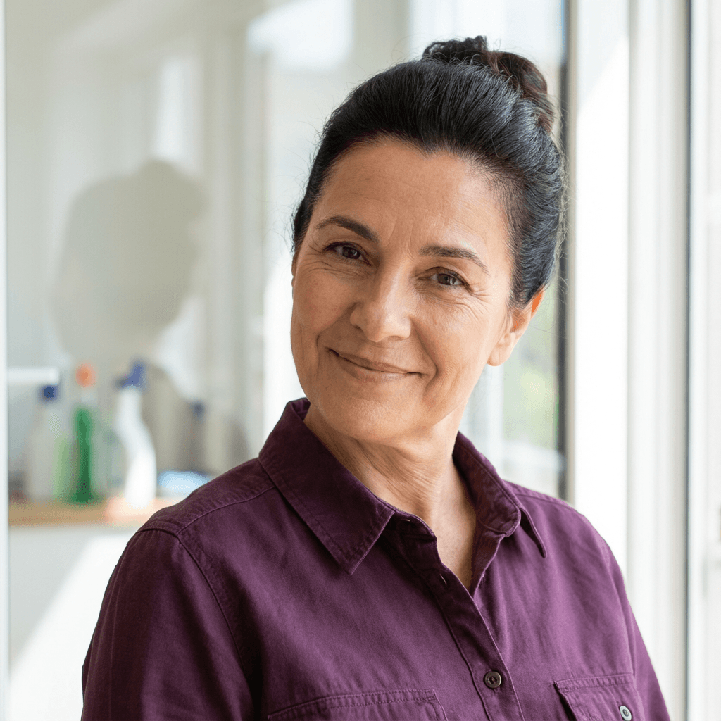 Portrait d'une spécialiste en nettoyage de PurNet, souriante avec un tablier