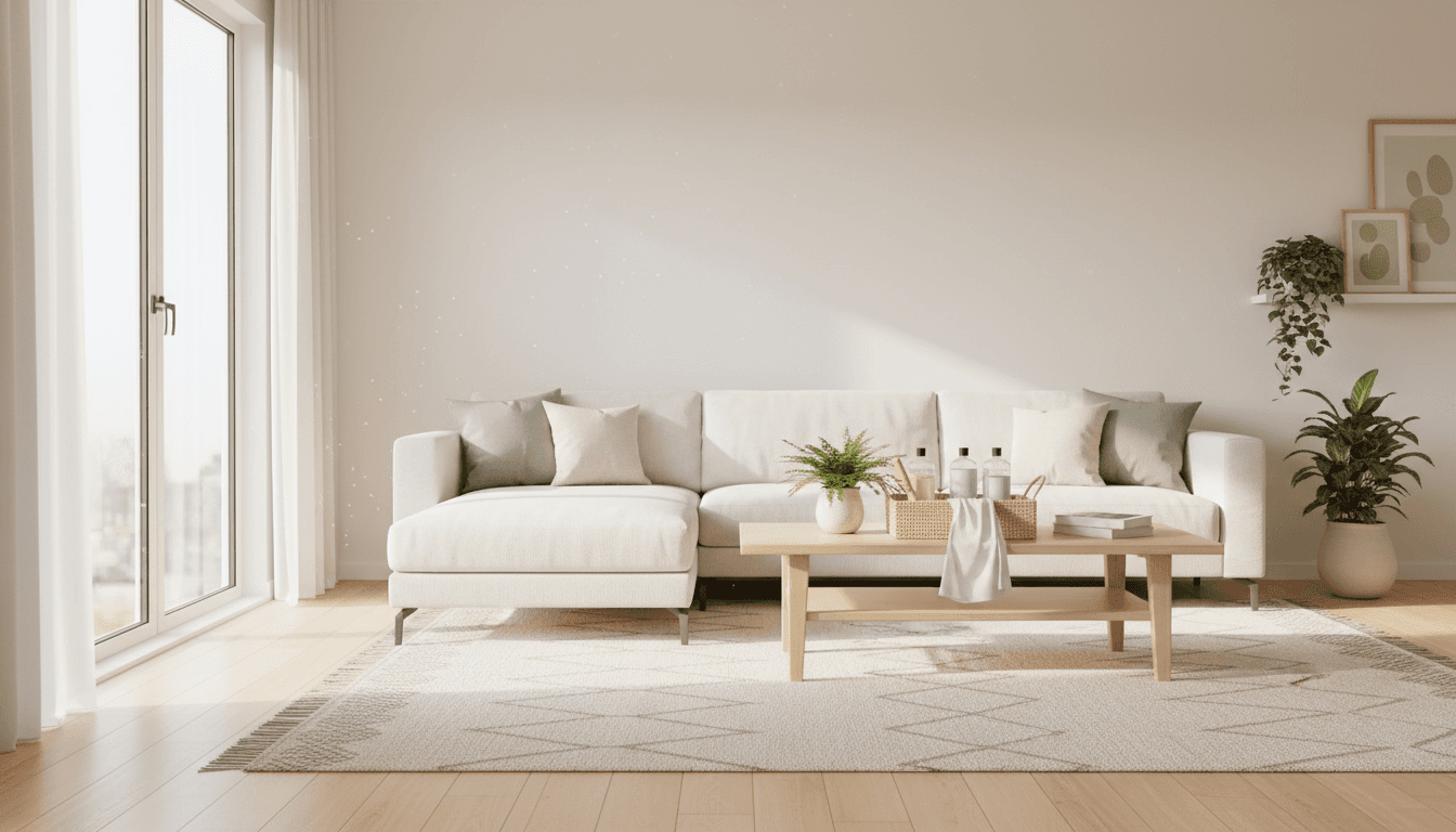 Salon moderne et lumineux, propre et épuré, avec un nécessaire de nettoyage sur la table
