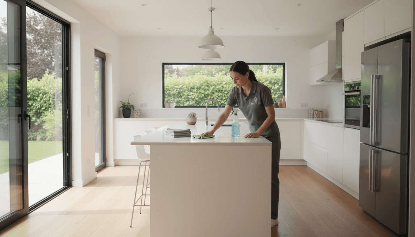 Professionnel de PurNet nettoyant un comptoir de cuisine dans une maison moderne et lumineuse