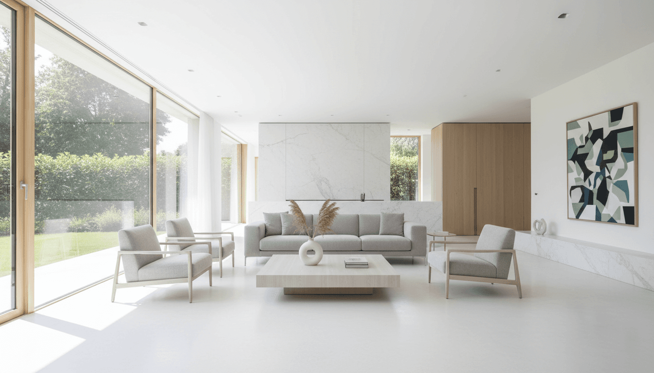 Salon moderne impeccable avec plancher brillant et lumière naturelle