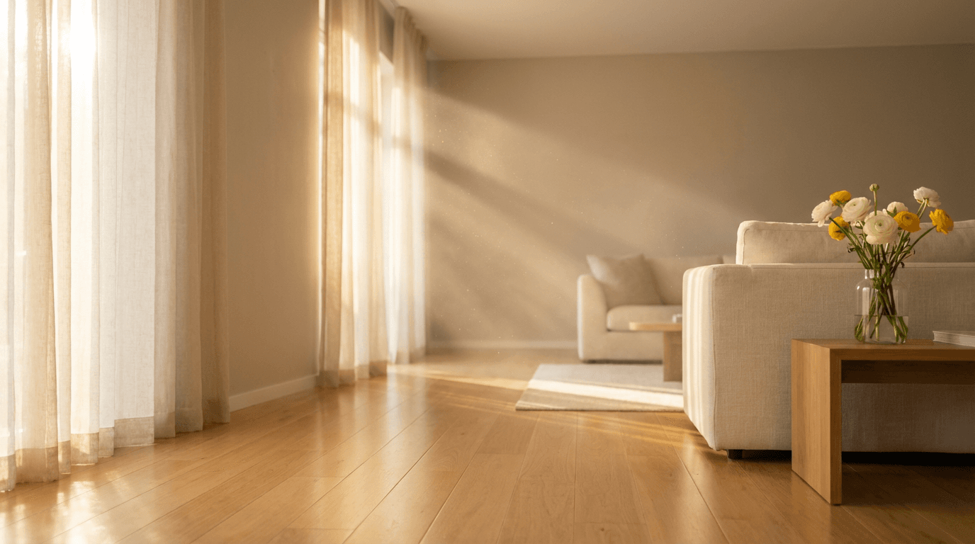 Salon moderne et lumineux, fraîchement nettoyé, avec un canapé impeccable et un plancher de bois qui brille